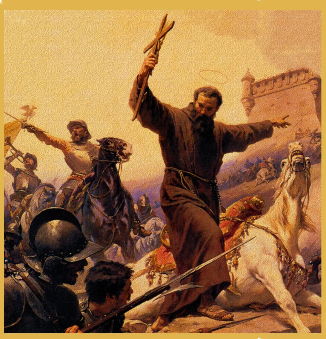 Riding before them, armed with a Crucifix